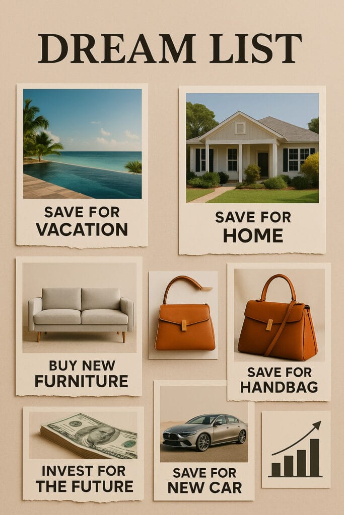 infographic of a mood board showing your dream purchase list with in this case contain image suggesting saving for your future vacation, home, new furniture, new handbag, new car and invert more in stock.