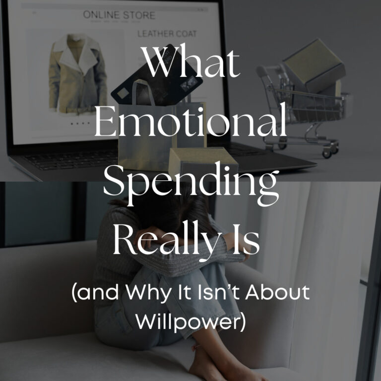 image on the top left as a computer with a jacket that someone is adding to there cart to buy with a shopping cart full of boxes on the right. the bottom of the image is a woman with her head on her shoulder as a sign of defeat.