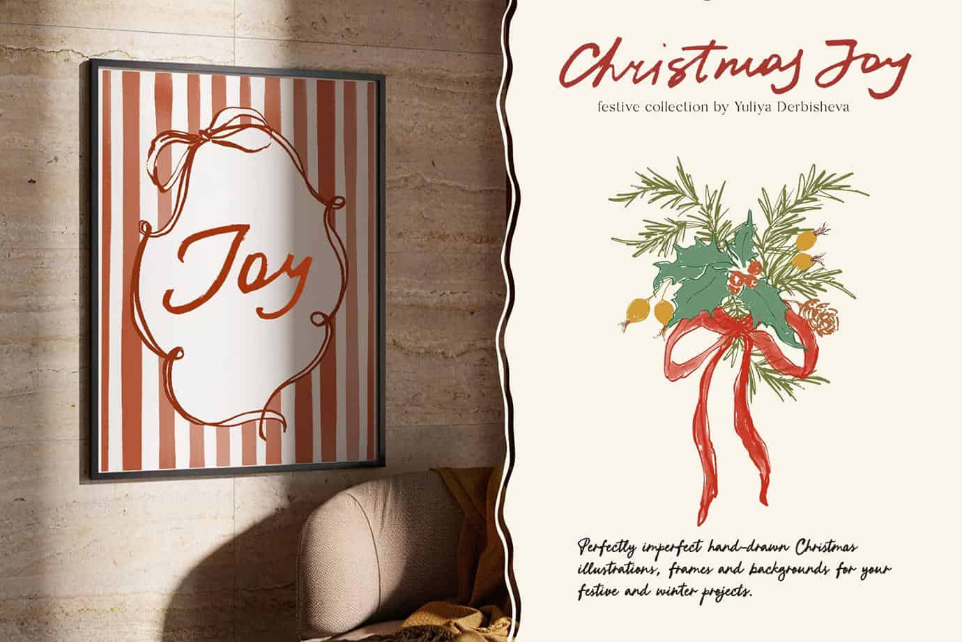 Christmas Joy hand drawn whimsical & quirky floral illustrations, festive frames, borders and backgrounds for holiday cards and design - Image 2