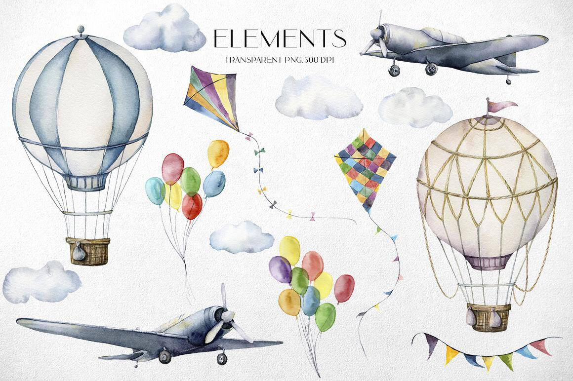 Hot air balloons and airplanes illustrations watercolor vintage clipart - Image 2