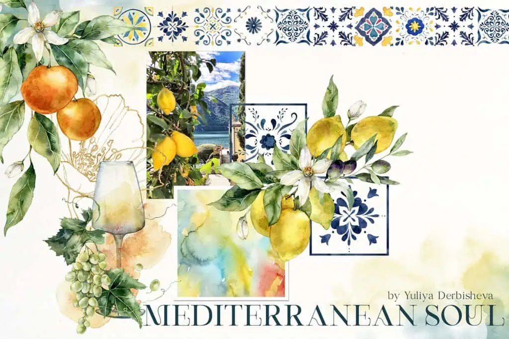 Mediterranean soul watercolor floral fruits tiles illustrations La Dolce Vita clipart