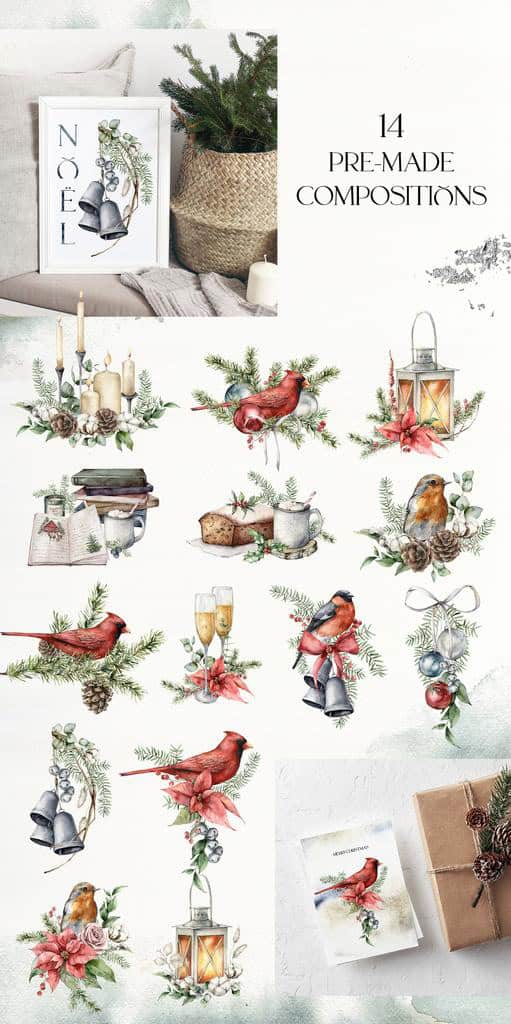 Christmas spirit watercolor floral & animals illustrations for festive design and decor - Image 3
