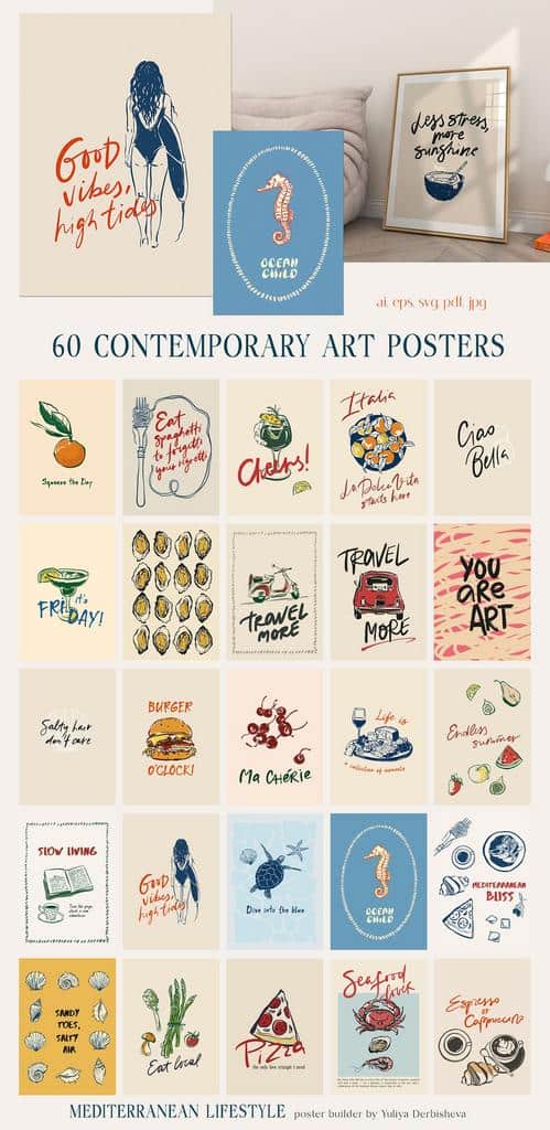 Mediterranean Lifestyle Posters Art Prints vector collection - Image 4