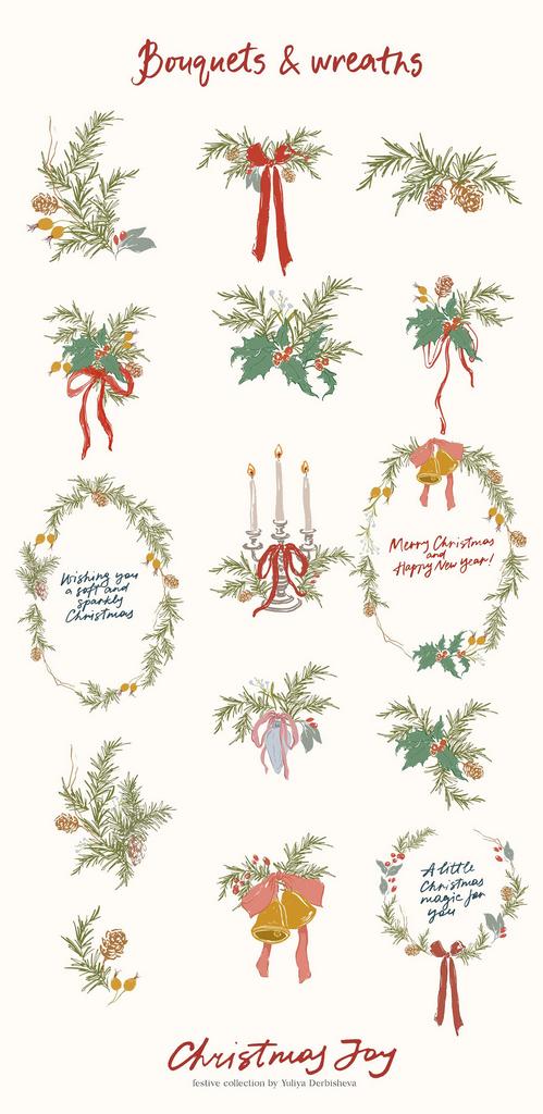 Christmas Joy hand drawn whimsical & quirky floral illustrations, festive frames, borders and backgrounds for holiday cards and design - Image 4
