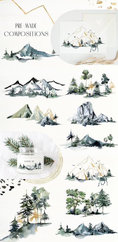 Foggy Mountains and forest watercolor landscape Mix Media Collection - Image 4