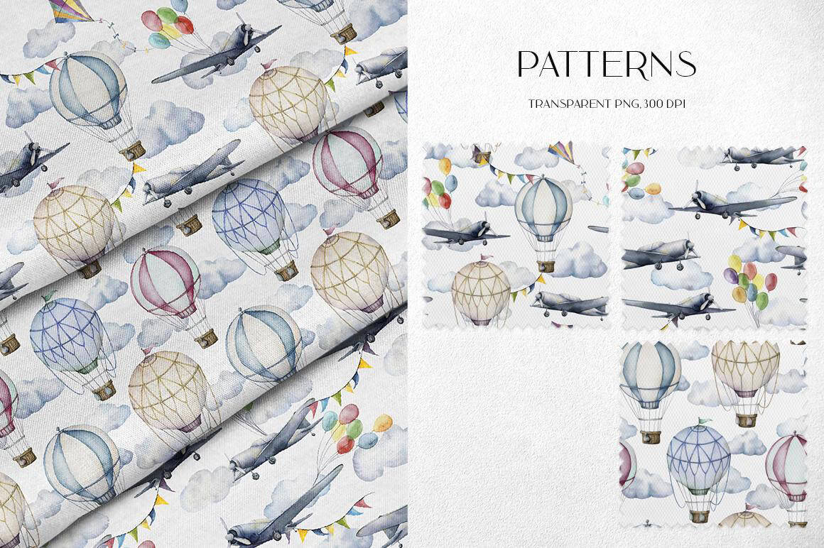 Hot air balloons and airplanes illustrations watercolor vintage clipart - Image 4