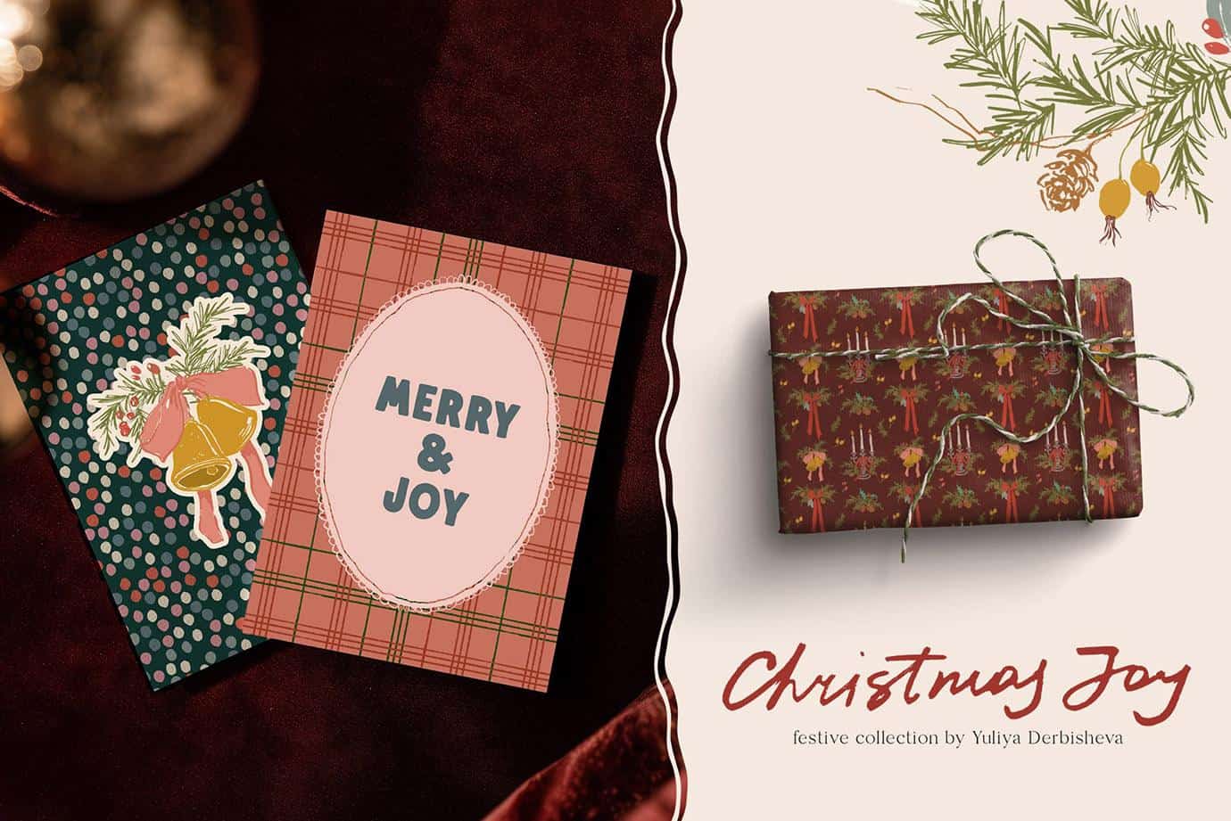 Christmas Joy hand drawn whimsical & quirky floral illustrations, festive frames, borders and backgrounds for holiday cards and design - Image 6