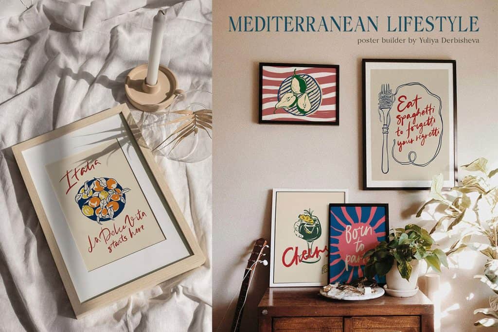 mediterranean printable poster design with pasta fruits shells quotes illustrated