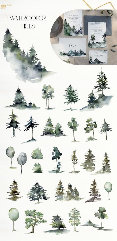 Foggy Mountains and forest watercolor landscape Mix Media Collection - Image 7