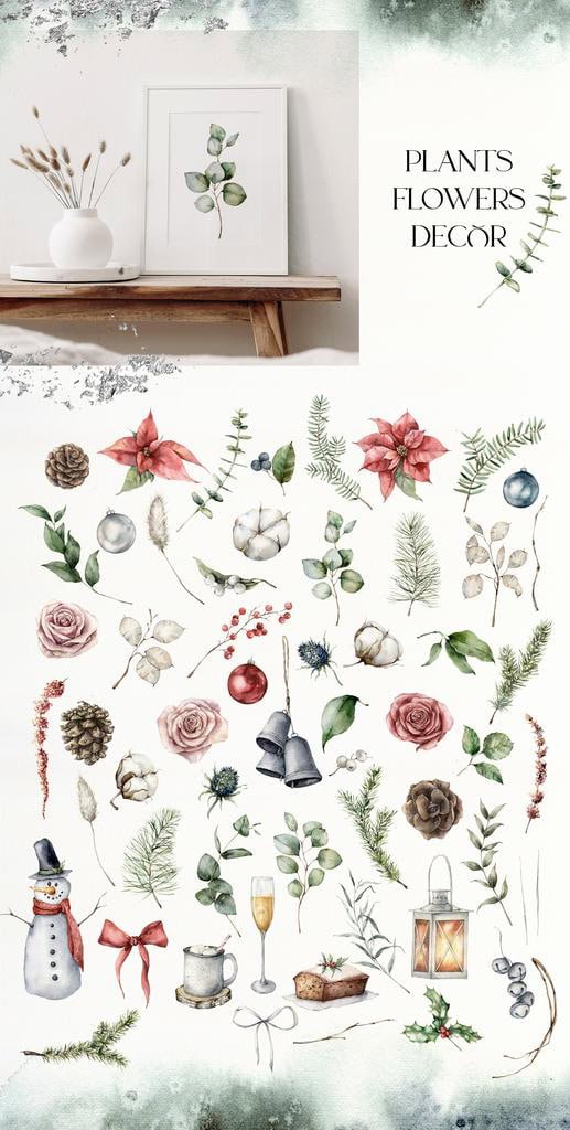 Christmas spirit watercolor floral & animals illustrations for festive design and decor - Image 11