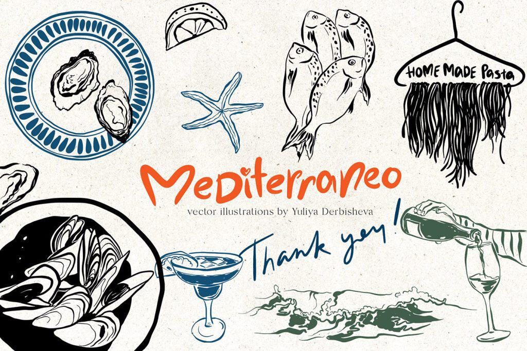 mediterranean food drink pasta sea vector doodle clipart illustrations hand drawn