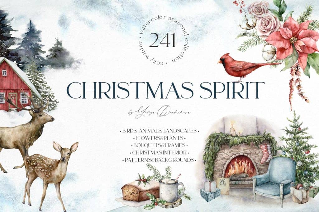 Watercolor Christmas scene with animals, flowers, and cozy decor for festive design.