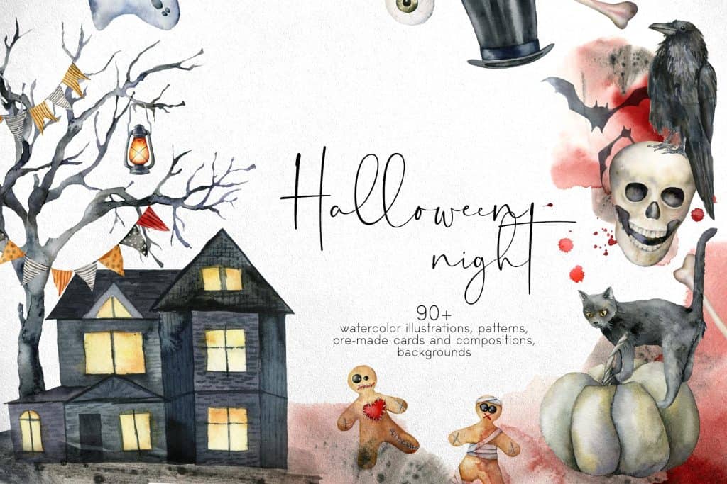 Watercolor Halloween night scene with haunted house, bats, skull, and spooky elements.