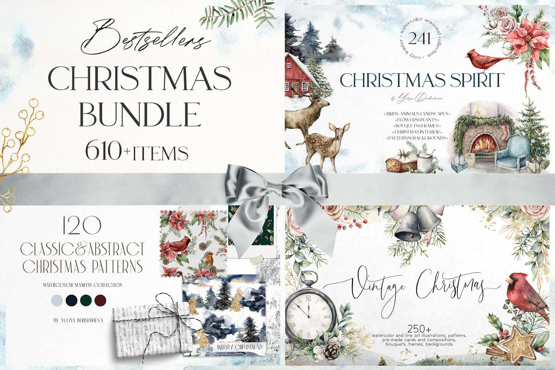 Christmas watercolor illustrations bundle with holiday motifs and animals for festive design.