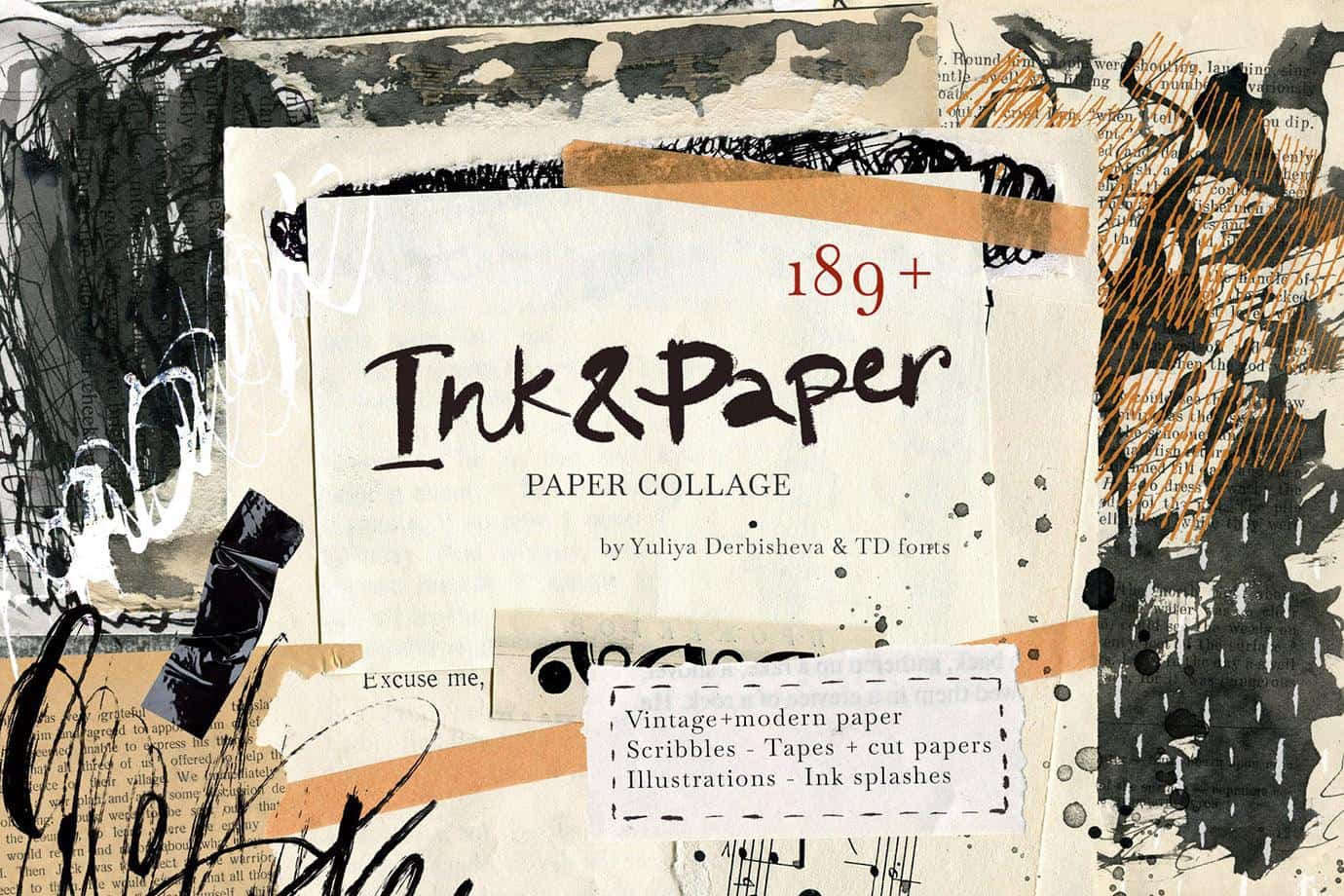 Artistic collage of ink and paper with vintage and modern elements.