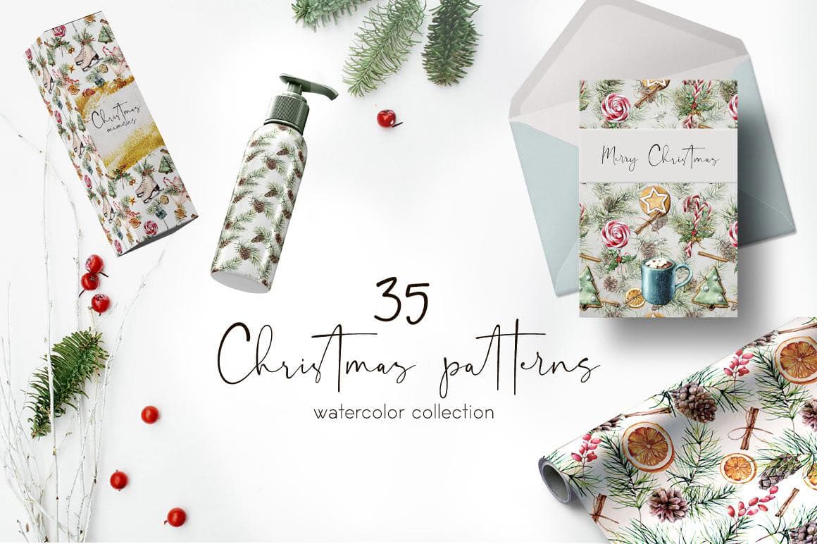 Elegant watercolor Christmas surface pattern with festive decorations and greeting cards.