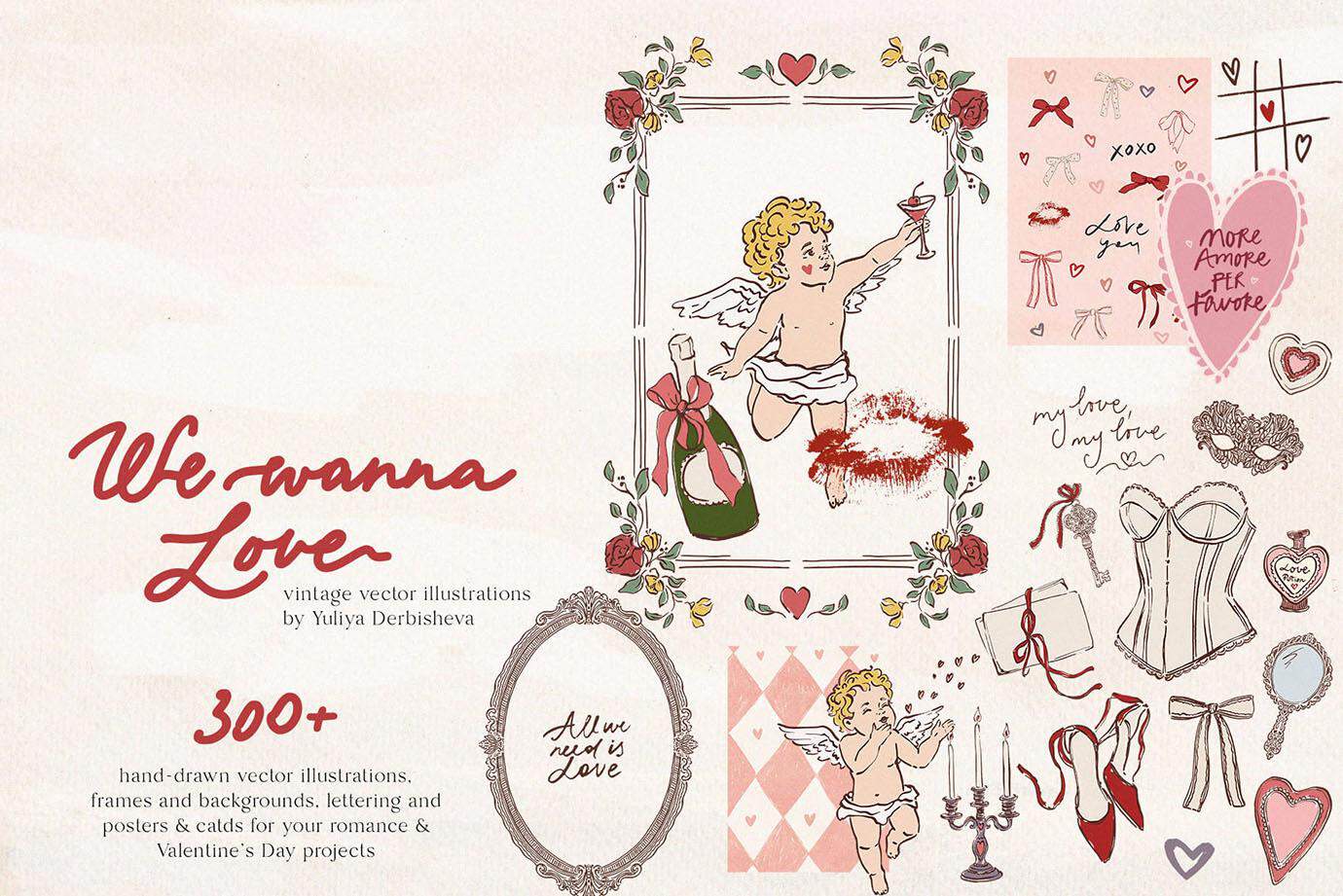 Valentine's Day themed illustration with cherubs, hearts, and love symbols.