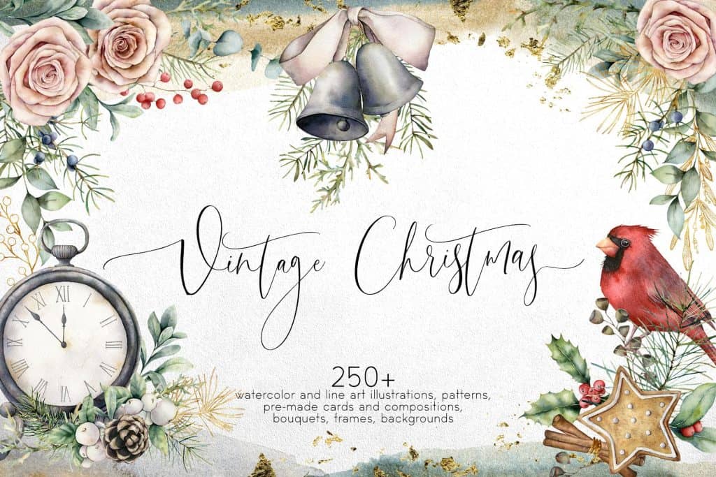 Vintage Christmas watercolor floral illustration with roses, cardinals, and holiday decorations.
