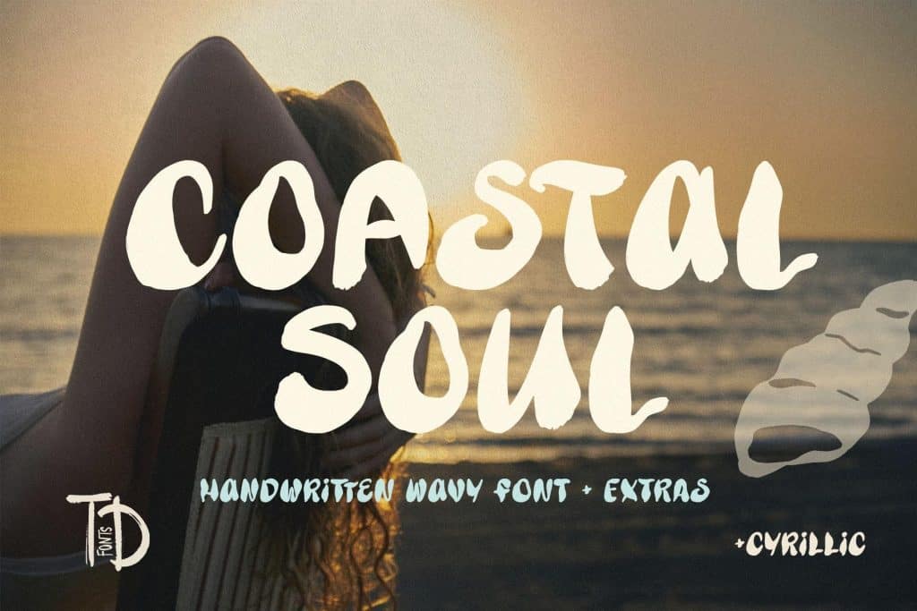 Coastal Soul handwritten wavy font with sunset background and woman relaxing by the sea.