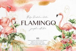 Watercolor flamingo with tropical leaves and flowers, vibrant and artistic.