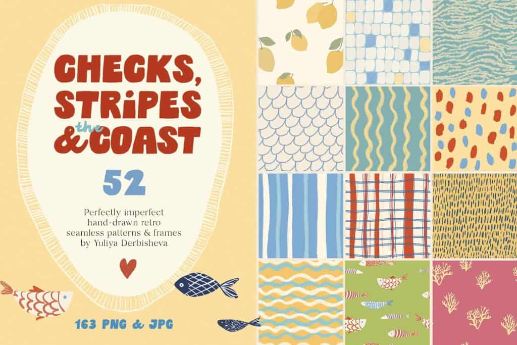 Collection of retro checkered, striped, and patterned designs in pastel colors.