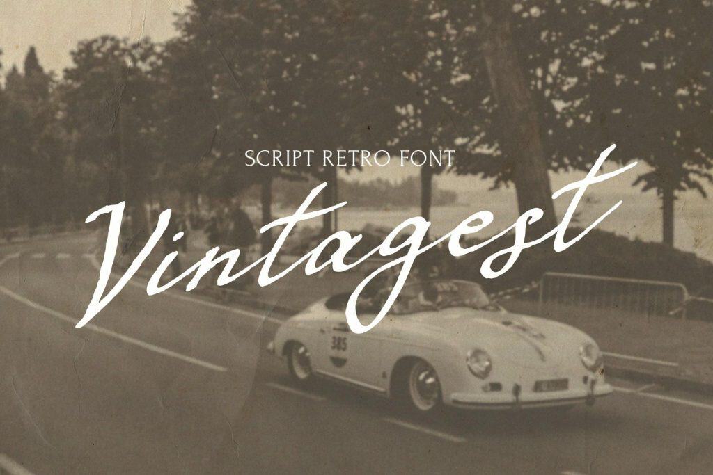 Vintage retro script font with classic car and trees background.