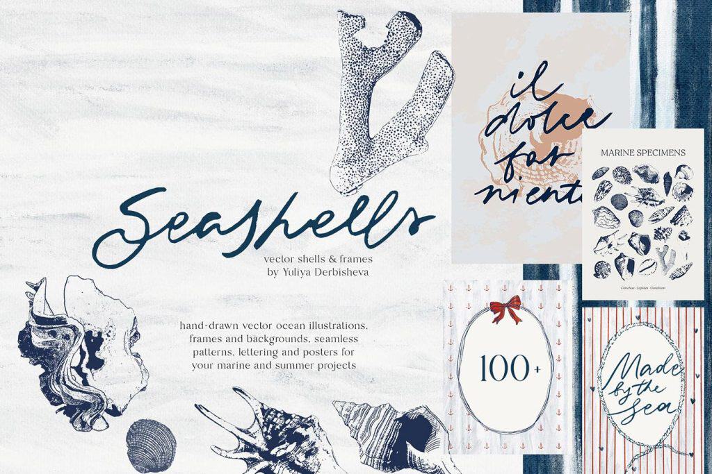 Seashells and marine life illustrations for ocean-themed projects by Yuliya Derbisheva.