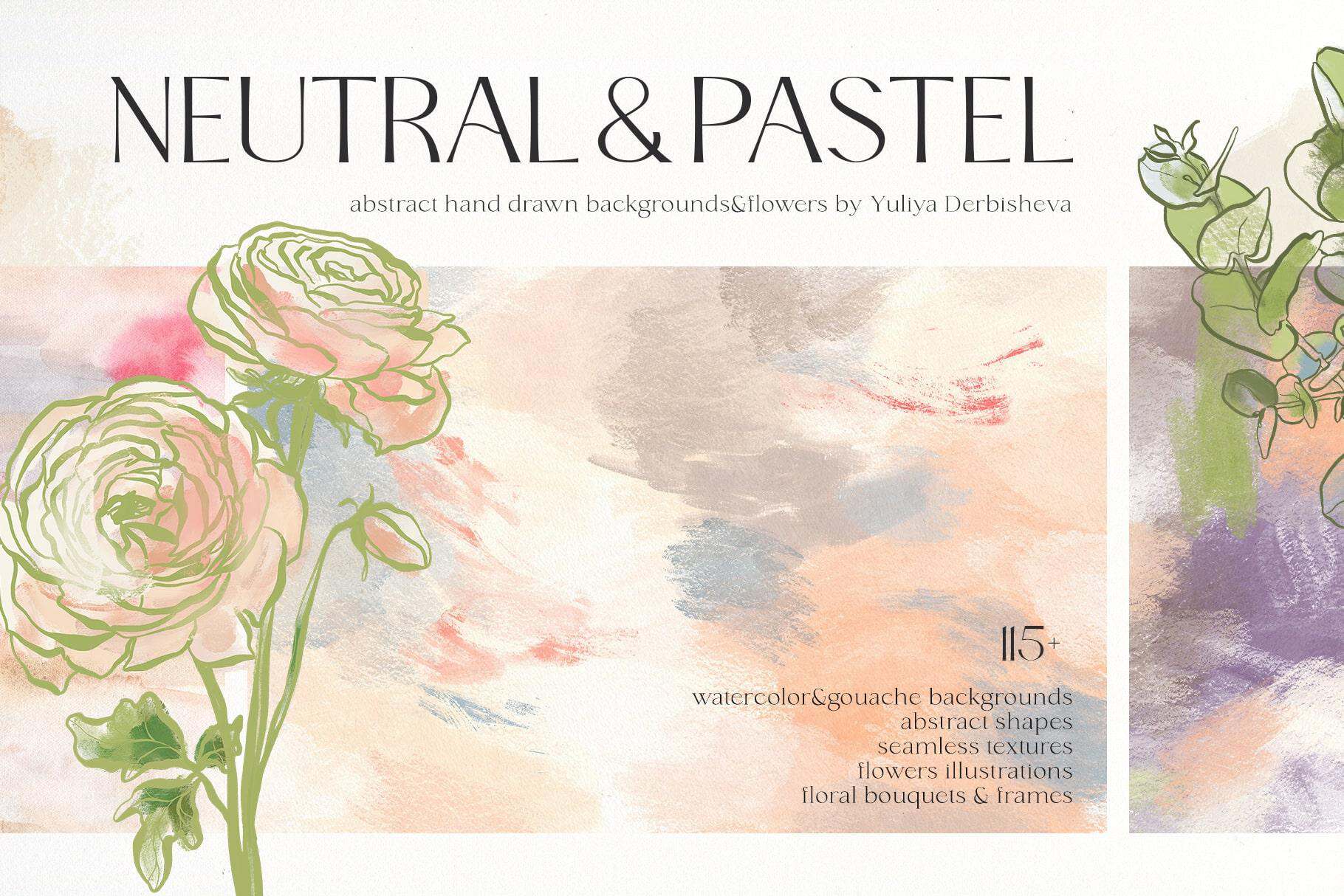 Abstract pastel floral background with watercolor and gouache textures.