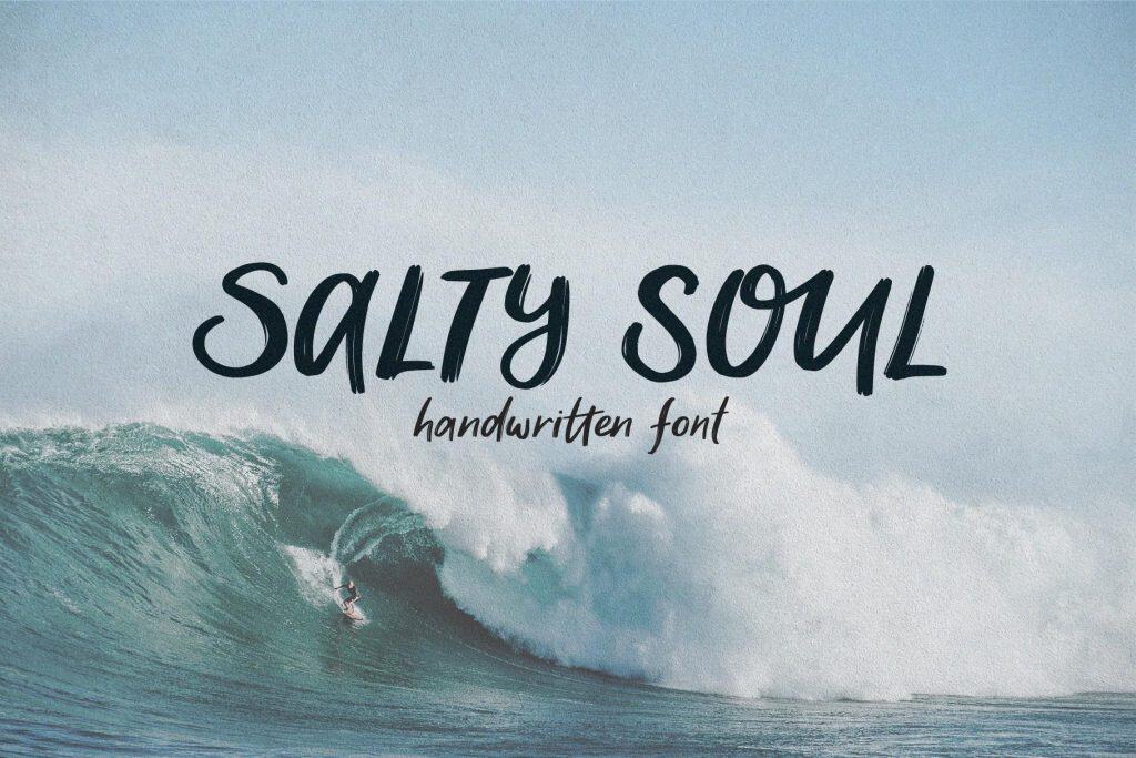 Salty Soul handwritten font with sea wave background for coastal design.