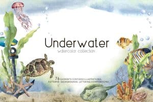 Underwater watercolor scene with fish, turtle, jellyfish, and seaweed.
