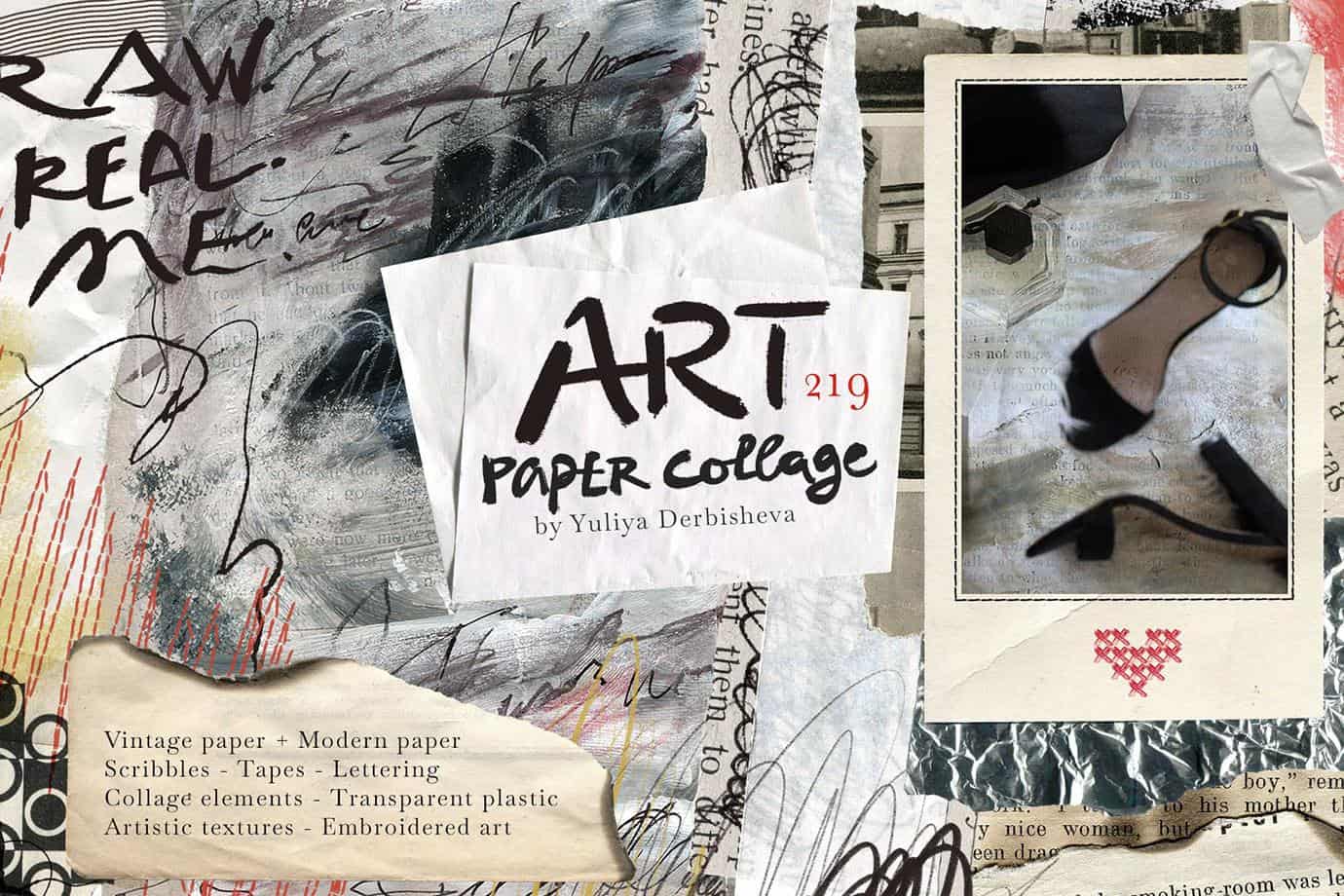 Art paper collage by Yuliya Derbisheva with scribbles and a high-heeled shoe image.