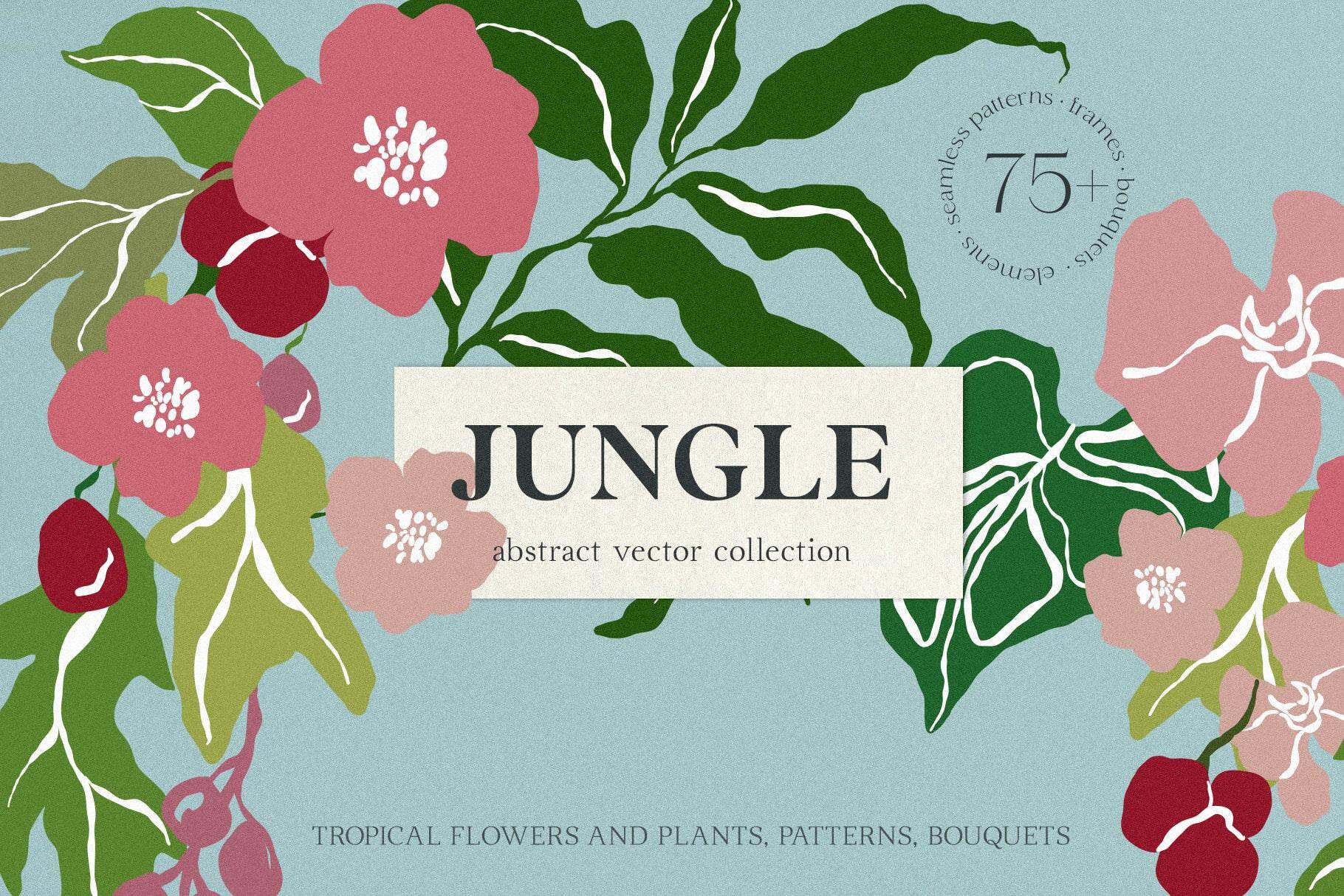 Colorful jungle flowers and leaves in a naive vector style.