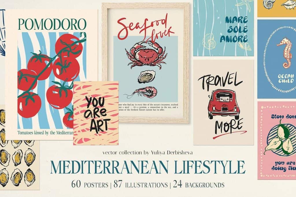 Collection of Mediterranean lifestyle posters with tomatoes, seafood, travel, and ocean themes.