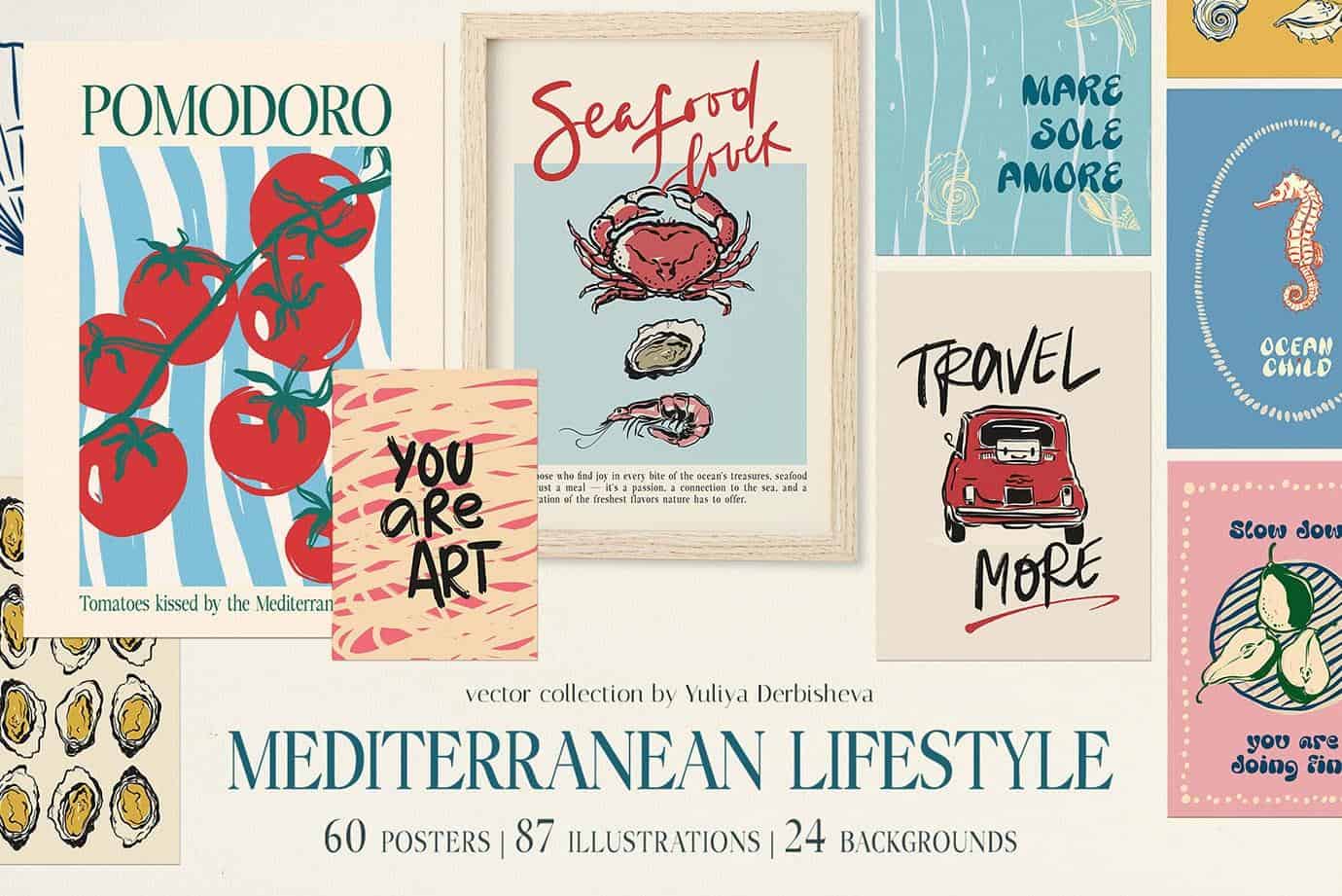 Collection of Mediterranean lifestyle posters with tomatoes, seafood, travel, and ocean themes.