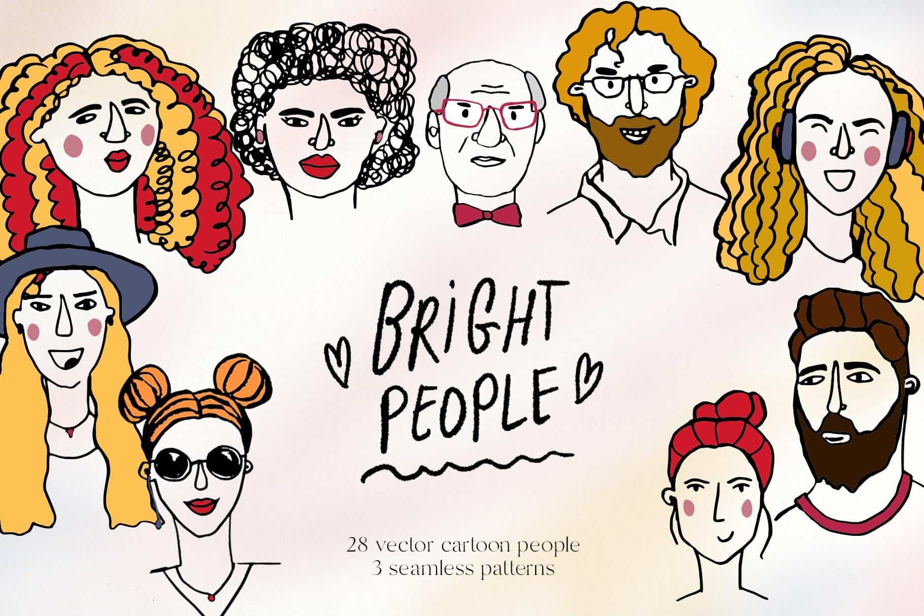 Colorful hand-drawn cartoon faces of diverse bright people with the text 'Bright People'.