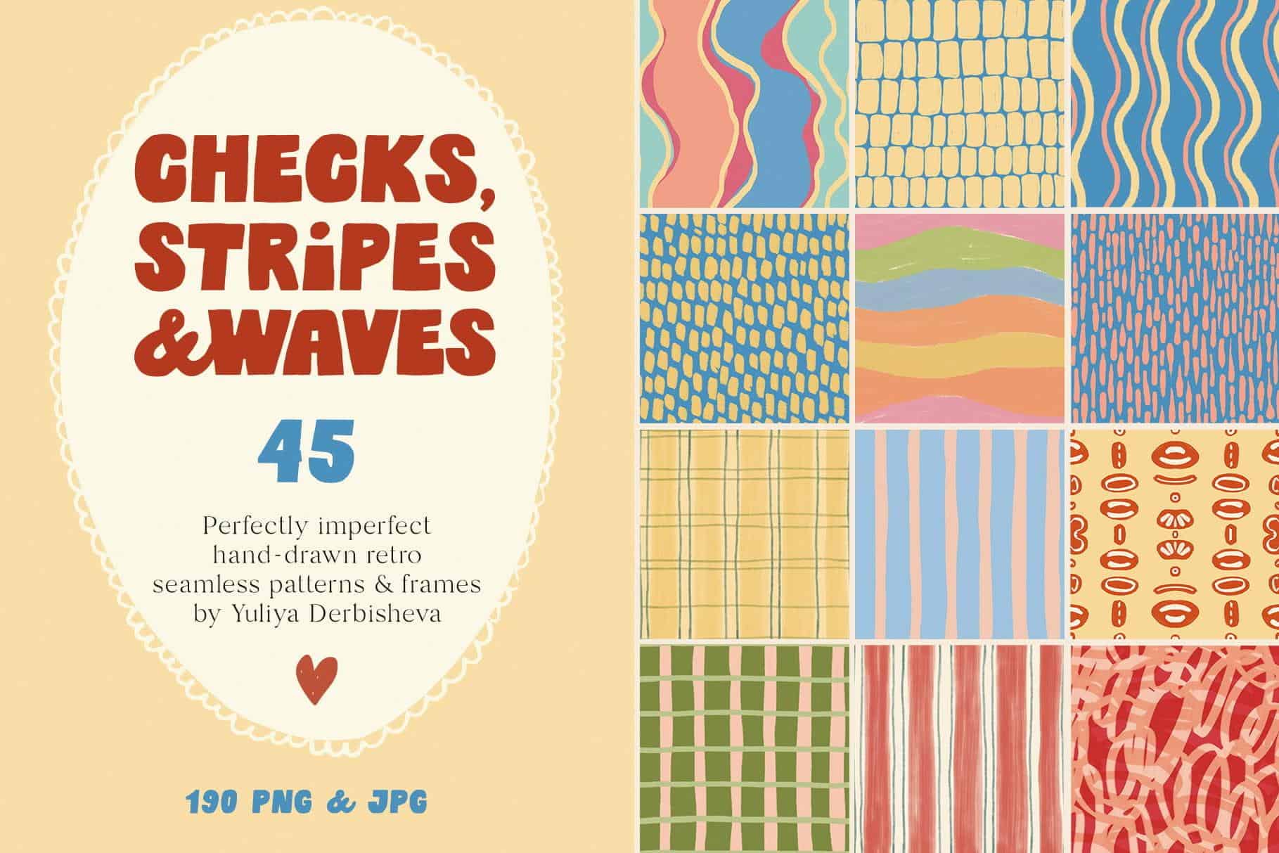 Collection of 15 retro hand-drawn check, stripe, and wave patterns in vibrant colors.
