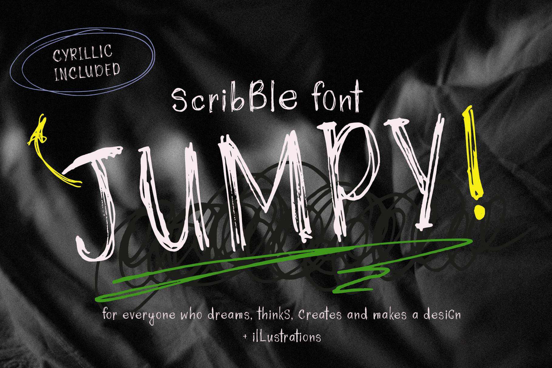 Jumpy! Scribble font for creative design and artistic projects.