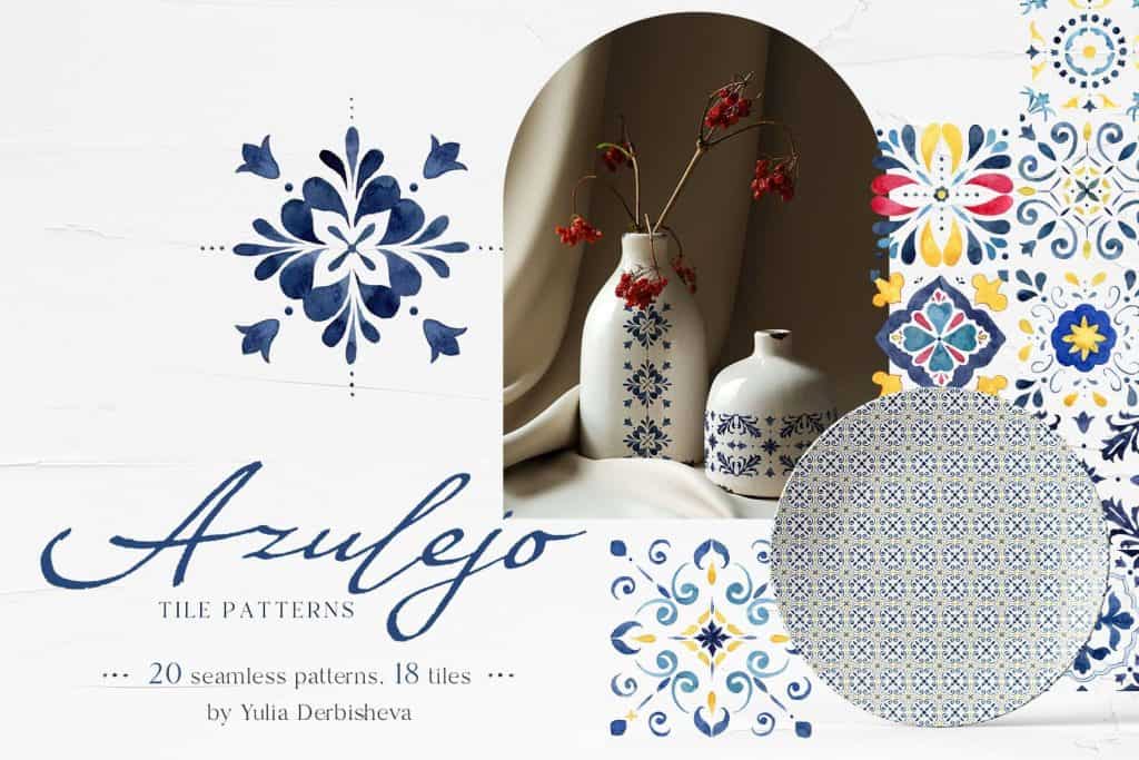 Seamless Mediterranean Moroccan tile pattern with blue and white floral design.