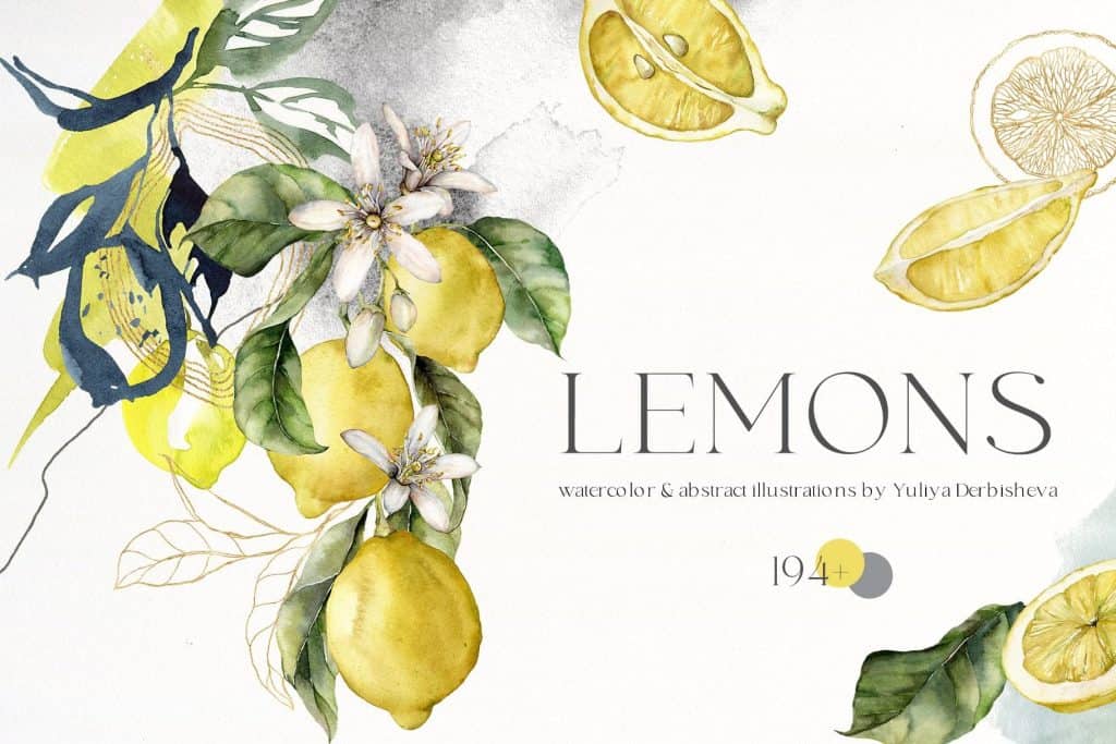 Watercolor lemon illustration with leaves and flowers for Lemon Watercolor Illustrations.