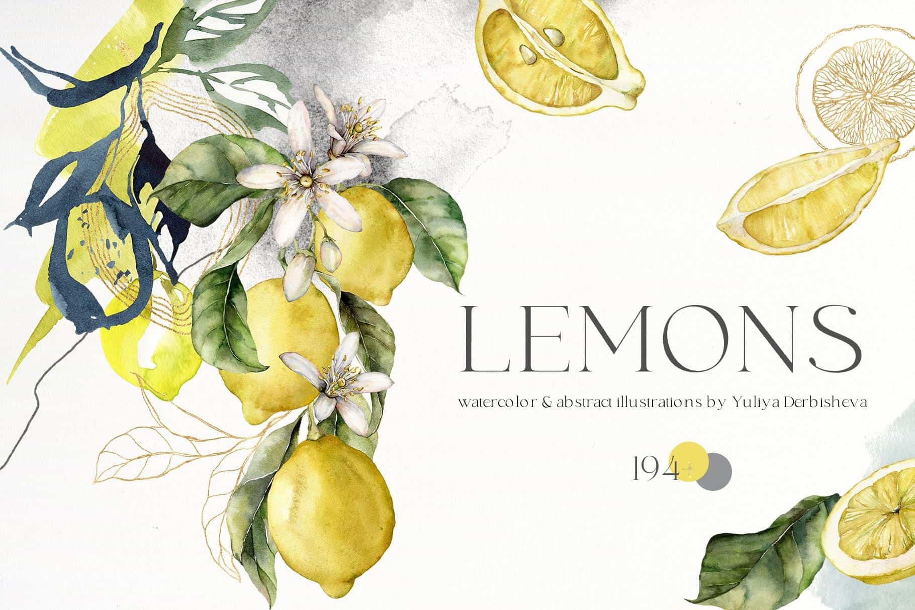 Watercolor lemon illustration with leaves and flowers for Lemon Watercolor Illustrations.