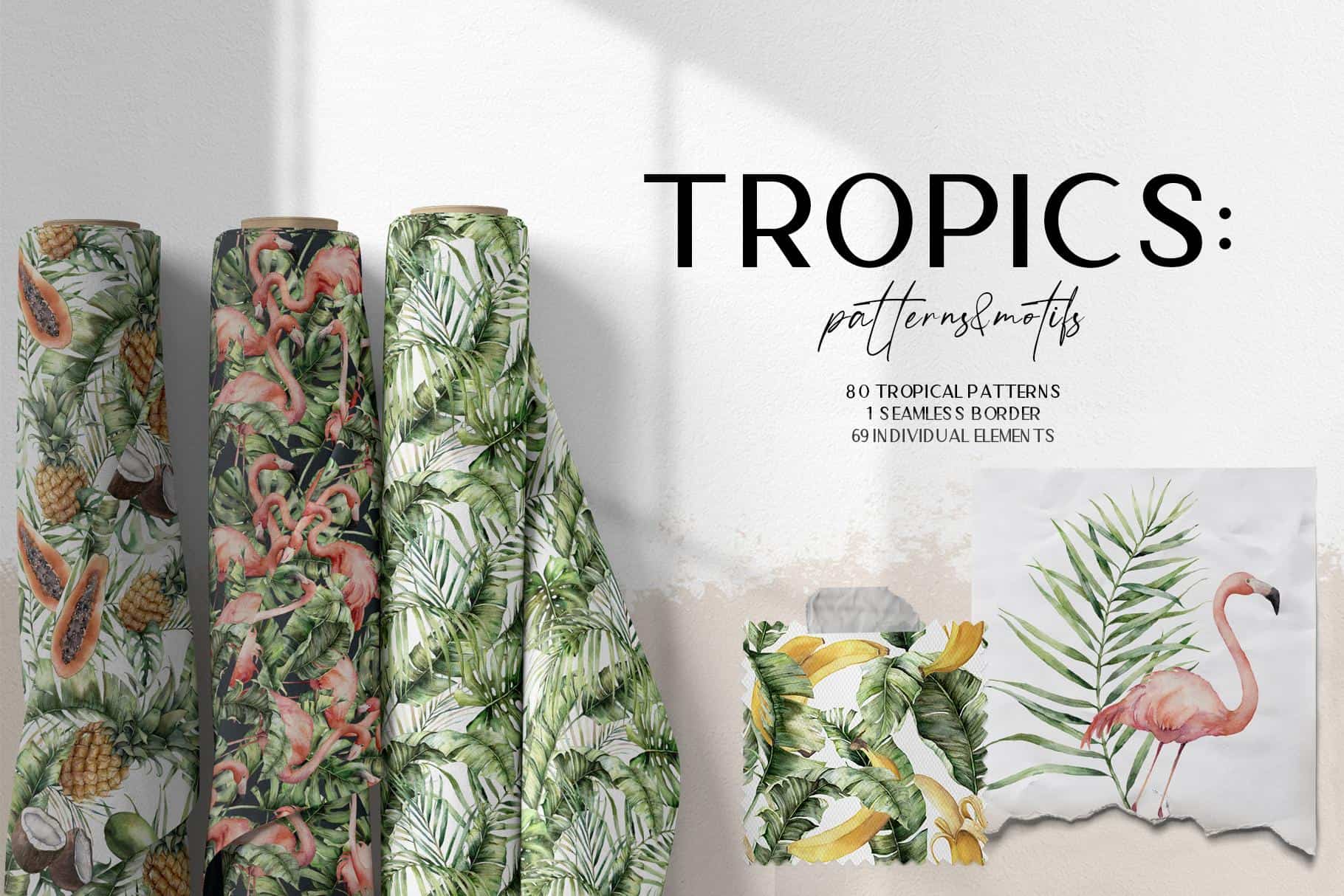 Tropical leaves and flowers surface patterns design for fabric or wallpaper.