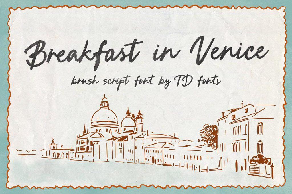 Handwritten style text reading 'Breakfast in Venice' with sketch of Venice skyline.