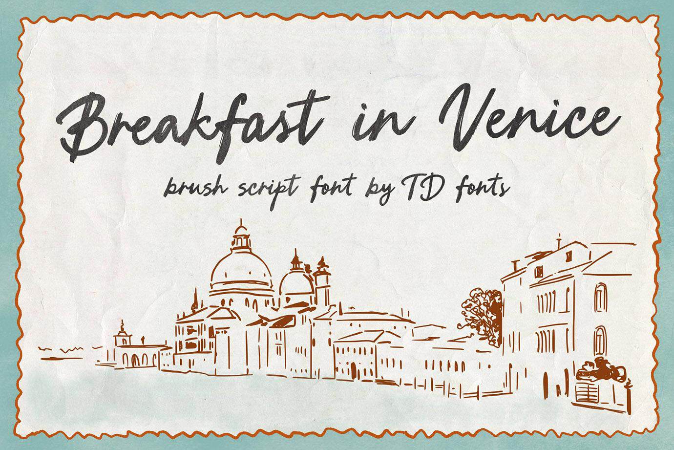 Handwritten style text reading 'Breakfast in Venice' with sketch of Venice skyline.