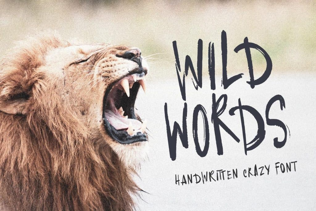 Wild Words handwritten font with a roaring lion image for wild and quirky design.