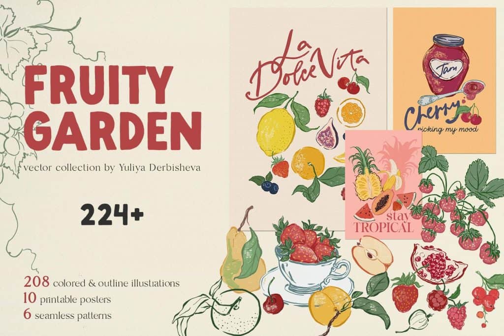 Fruity garden illustration with colorful fruits and botanical elements.