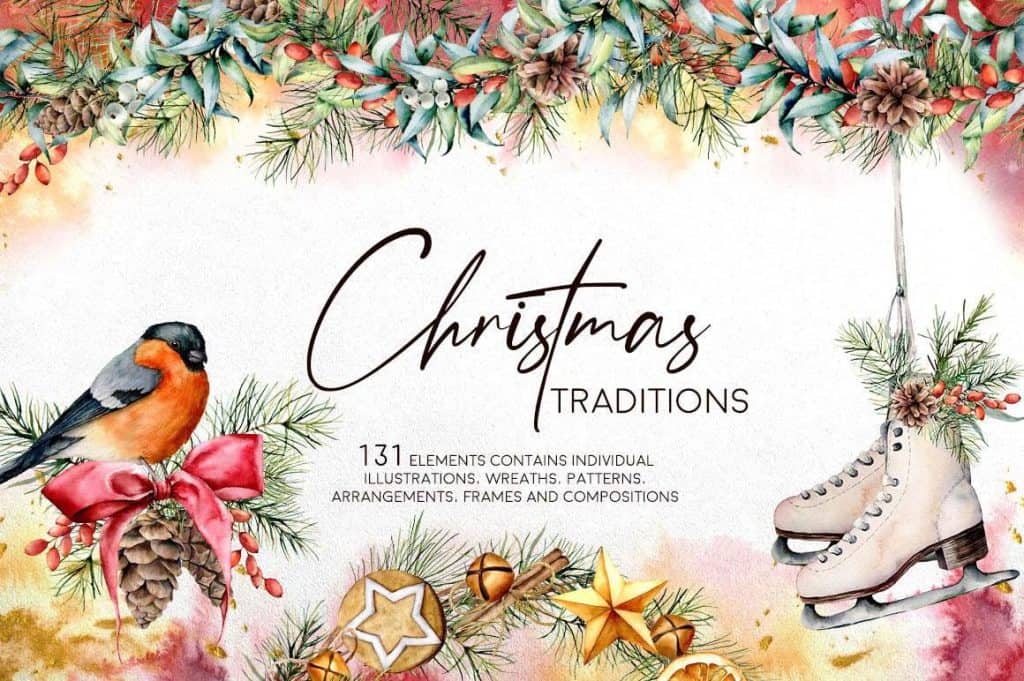 Festive Christmas watercolor illustration with ice skates, bird, pinecones, and holiday decorations.