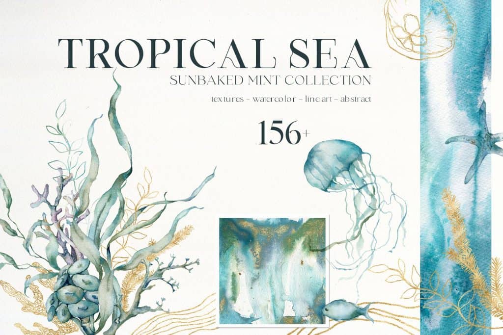 Watercolor illustration of tropical sea creatures and coral on turquoise background.