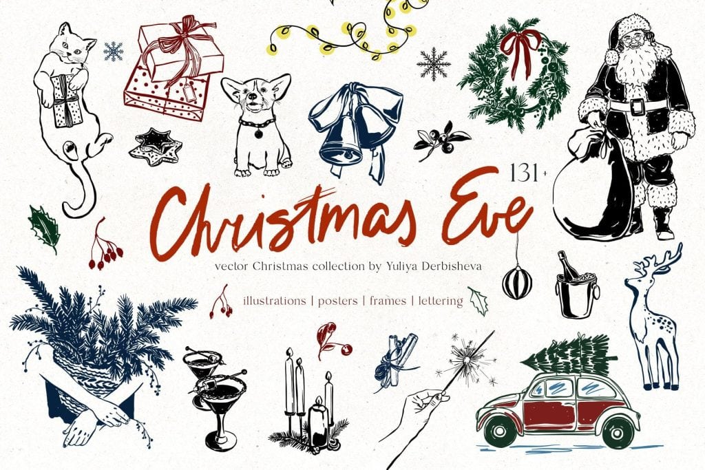 Festive Christmas Eve illustration with Santa, reindeer, gifts, and holiday symbols.