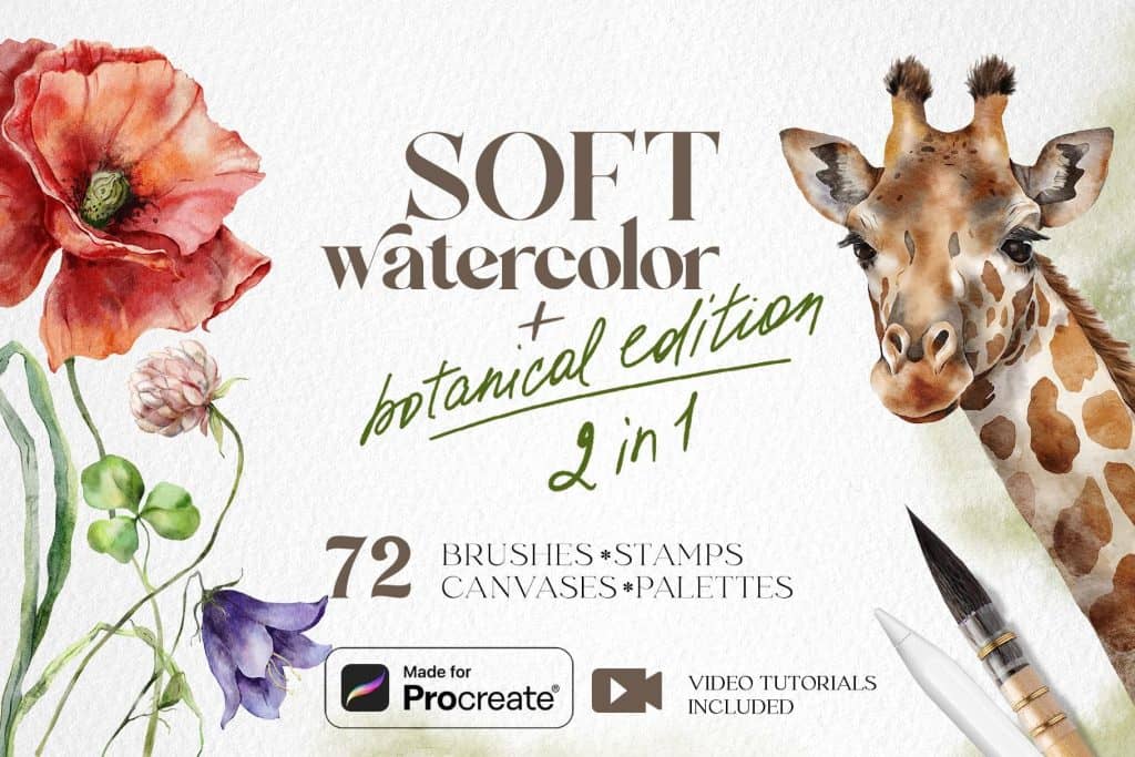 Soft watercolor botanical brushes and stamps for Procreate with a giraffe illustration.