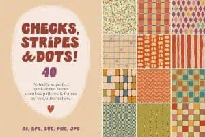 Collection of 16 colorful checkered, striped, and dotted patterns for design projects.